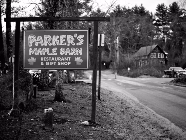 Parker's Maple Barn sign along a quiet road in Mason, New Hampshire